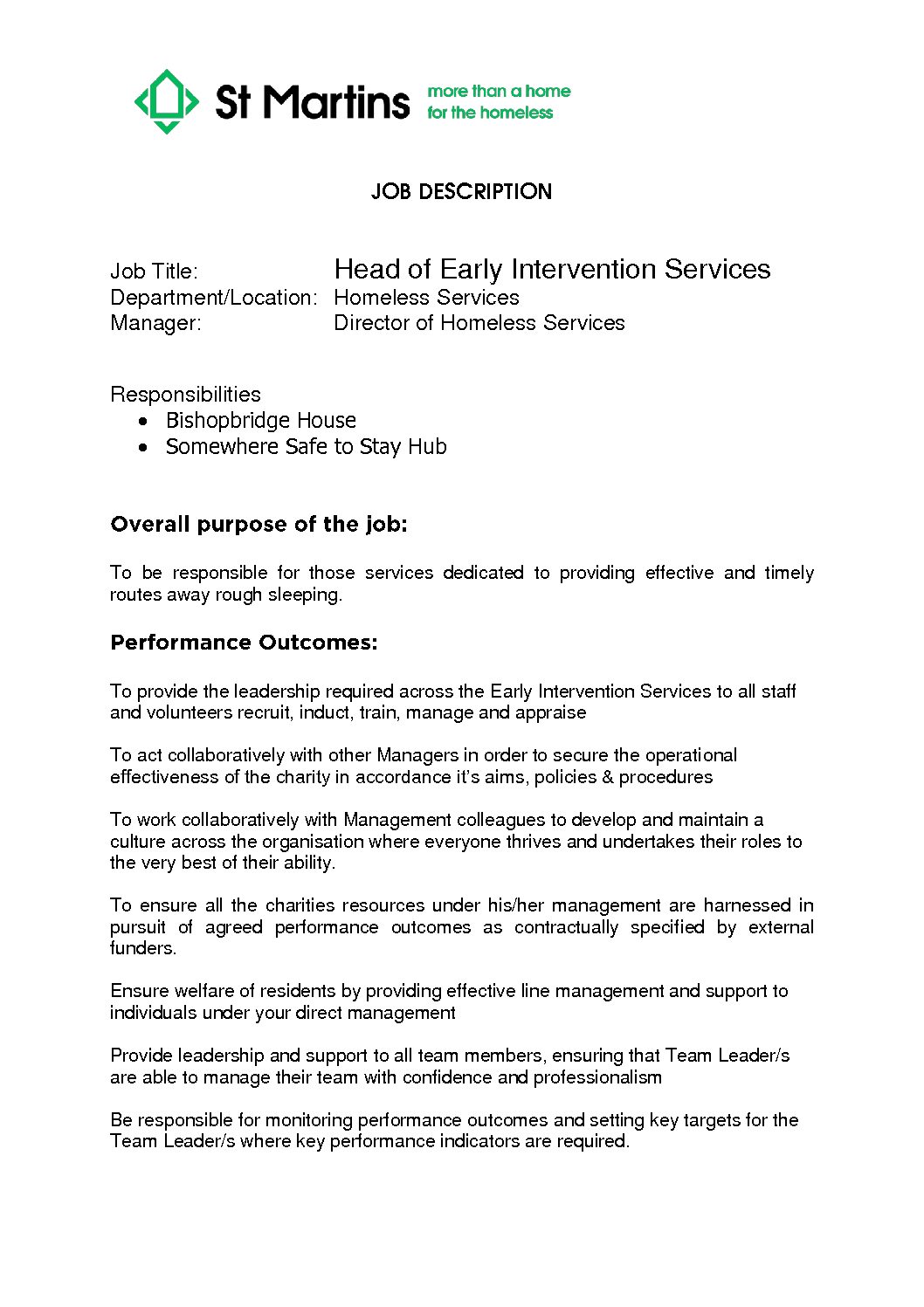Featured image for Homesless Services Head of Early Intervention- JD