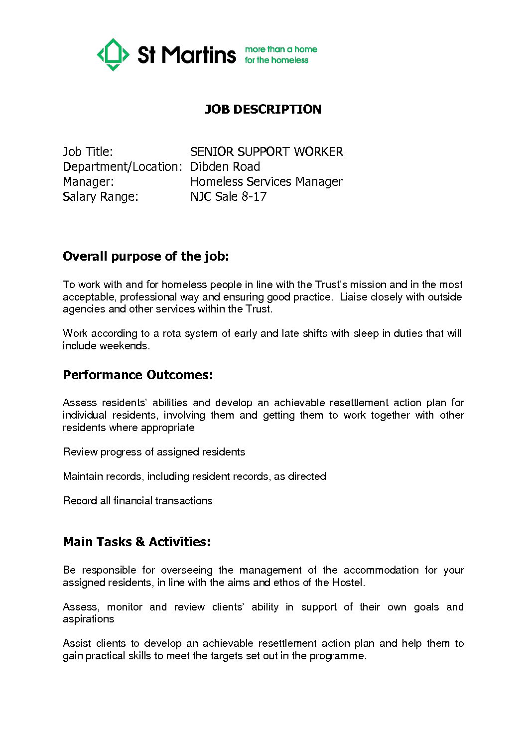 Featured image for Senior Support Worker - Hostel (DR) JD