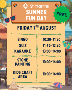 St Martins Summer Fun Day 7th August Under 1 Roof timetable of activities